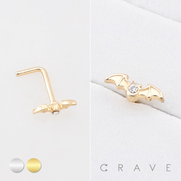 GOTHIC BAT CZ BEZEL NOSE STUD 316L SURGICAL STEEL L-SHAPE NOSE RING